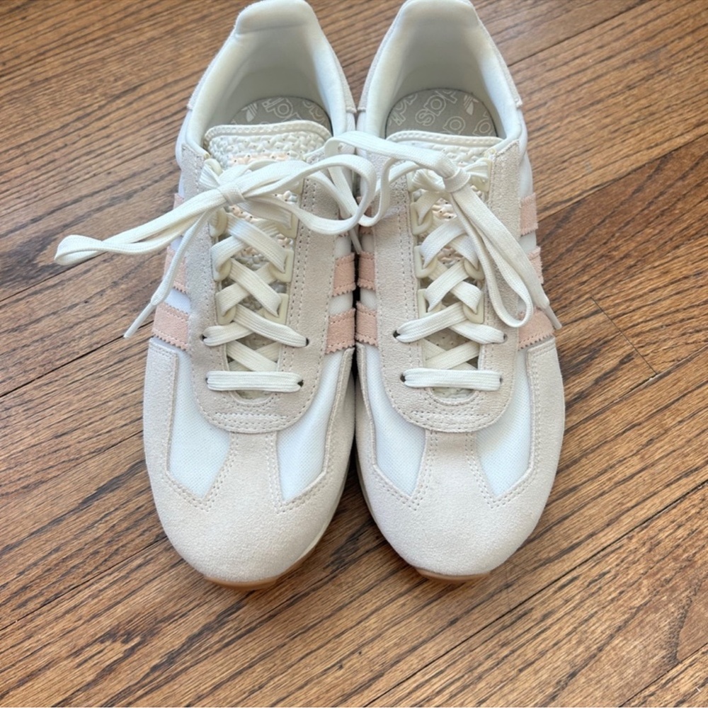 adidas Women's Cream Sneakers with Pink Stripes - Picture 2 of 8